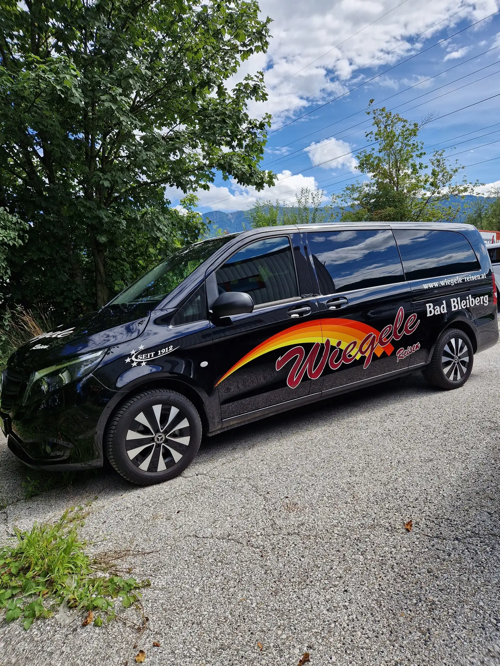 Schwarzer Transporter mit rot-gelbem Schwungdekor und Schriftzug, Seitenansicht im Freien